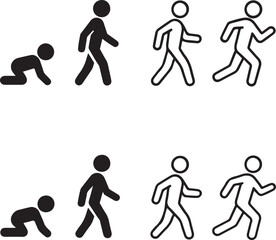 Human Growth icon set, crawl walk run fly icons, growth progress symbols, human evolution design, stick figure vector, black outline minimal style, editable personal progress achievement icons