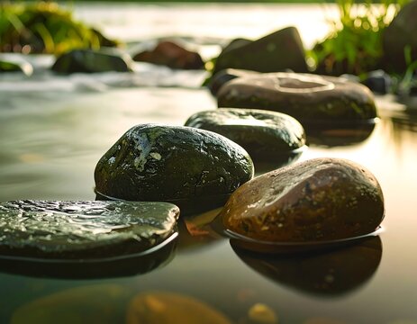 Smooth river stones partially submerged, creating a stepping-stone effect in shallow, calm water