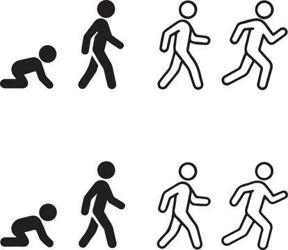 Human Growth icon set, crawl walk run fly icons, growth progress symbols, human evolution design, stick figure vector, black outline minimal style, editable personal progress achievement icons