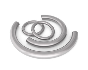 e mail symbol. Metallic 3D rings isolated on white. Shiny stainless steel circular pipes, modern industrial element, abstract geometry shape, clean minimal design.