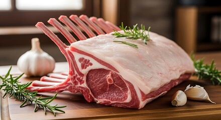 Raw rack of lamb with rosemary and garlic on cutting board.