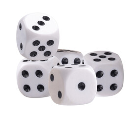 group of five white dice with black dots showing various numbers for games of chance