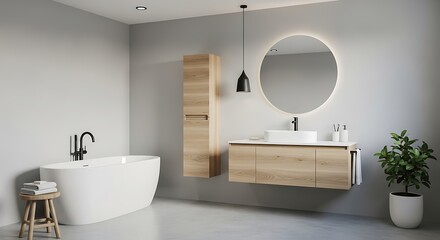 Modern minimalist bathroom interior with freestanding bathtub and wooden vanity.