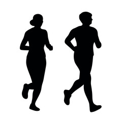 Silhouettes of a man and woman running side by side in a dynamic pose