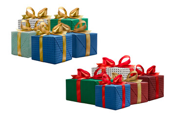 elegant stacks of wrapped gift boxes with decorative ribbons and bows