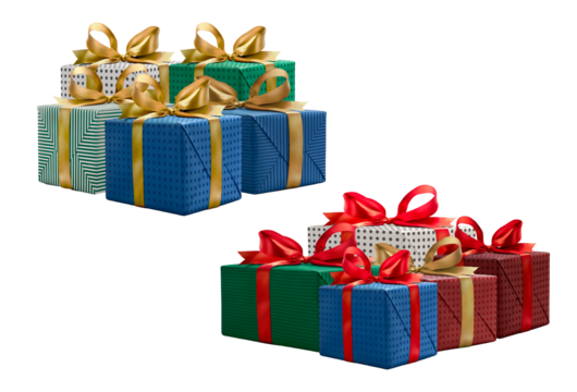 elegant stacks of wrapped gift boxes with decorative ribbons and bows