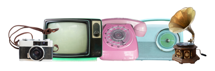 collection of classic vintage electronics including a television, phone, radio, camera, and gramophone