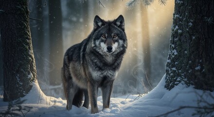 Naklejka premium Majestic gray wolf standing in a snowy winter forest at golden hour