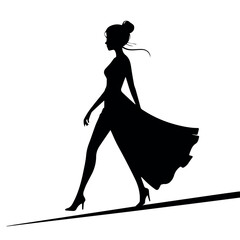 Silhouette fashion model walking runway in elegant dress vector illustration design element art