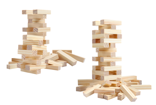 two tall stacks of wooden jenga blocks in a strategic game setup