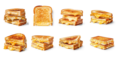 A collection of grilled cheese sandwiches with varying angles and positions.