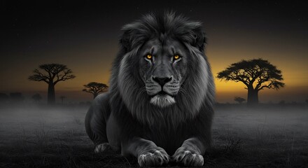 Majestic grayscale lion with glowing yellow eyes in an African savanna landscape at twilight