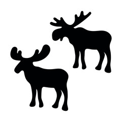 Two black silhouette moose standing against a white background