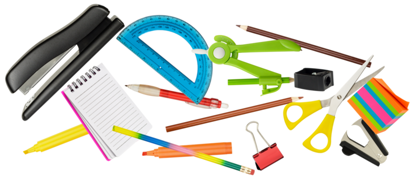 diverse collection of vibrant school and office supplies scattered on a transparent background