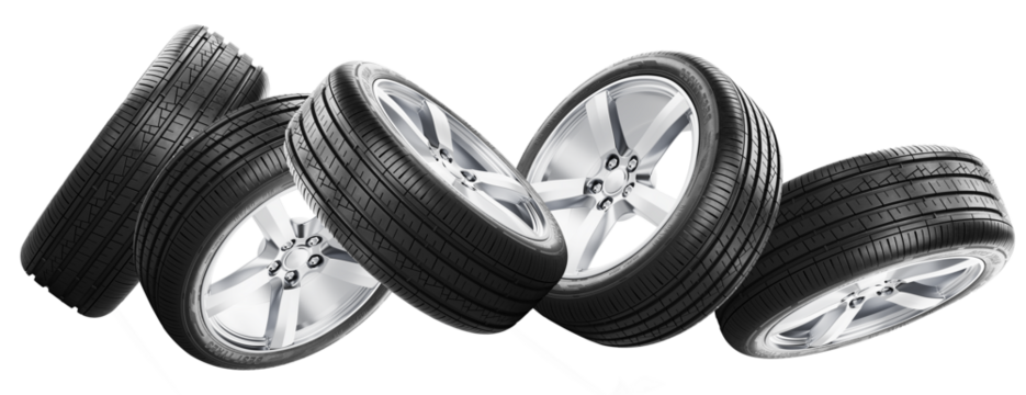 dynamic arrangement of new car tires with shiny rims against a transparent background