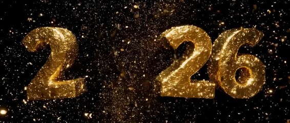 Exploding Golden Number 2026 New Year Animation. Creating a powerful and exciting visual for New Year's Eve introductions and announcements.