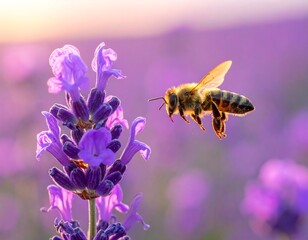 Bee in flight approaching lavender flower at sunset