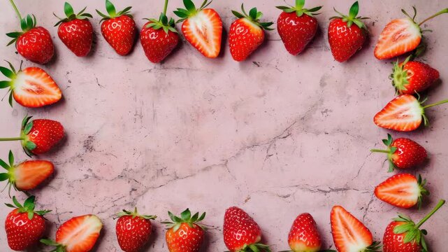 Fresh ripe strawberries arranged in a neat rectangular frame on rustic pink stone, combining whole fruits and juicy halves to create a vibrant, appetizing, and colorful summer fruit composition.