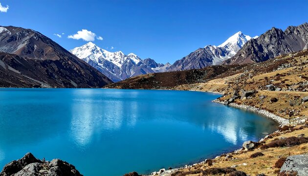 Tranquil alpine lake nestled between majestic snow-capped peaks
