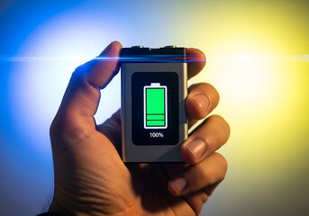 Close up of a hand holding a modern electronic device displaying a full green battery icon with a bright colorful light flare in the background