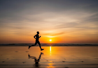 Silhouette of a lone person running on a wet sandy beach at sunset with vibrant orange and purple sky reflecting on the water