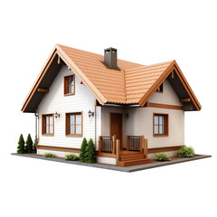 A small, white, wooden house with a red roof and brown trim, surrounded by greenery and a transparent background