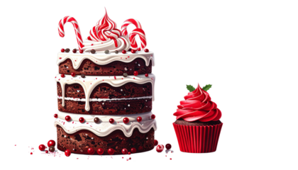 Holiday Layer Cake with Candy Canes and Mini Festive Cupcake, isolated on transparent background