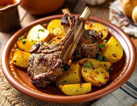 Traditional Andorran roasted lamb, Xai rostit, with potatoes and herbs, presented on rustic wooden table in warm natural light.