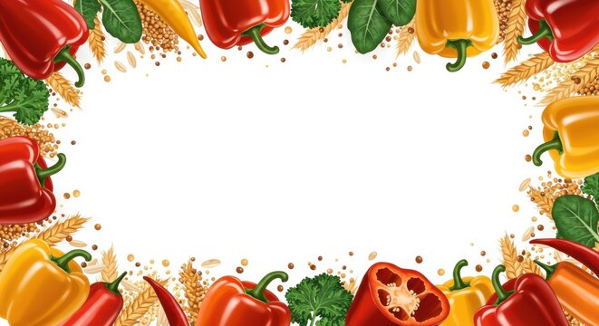 Colorful frame of peppers, wheat, spinach and spices on a white background. Food concept.