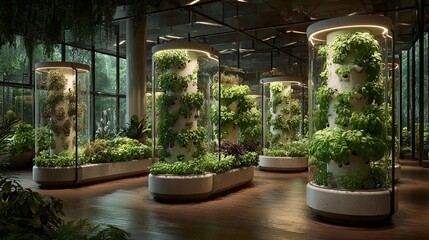 AI-enhanced urban farming towers use vertical space, smart lighting, and automated irrigation systems to grow produce efficiently in cities, reducing transport emissions and food waste.
