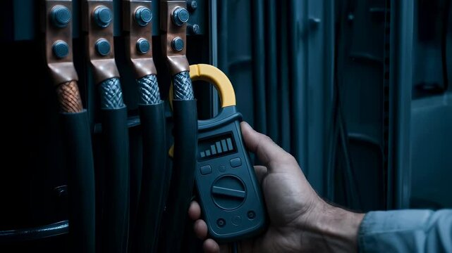 Electrician hand using clamp meter to test copper cable industrial electrical panel for energy management, factory energy strategy with corporate ppa