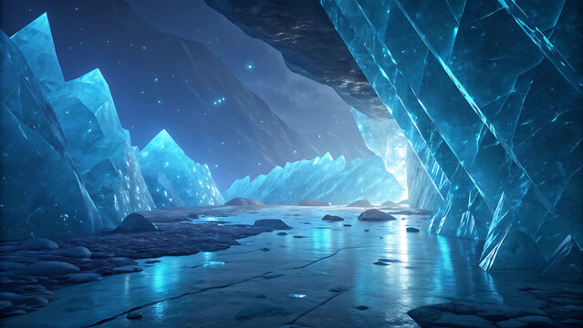 Frozen Realm An Icy Cavern of Blue Crystals Reflecting Light on the Water's Surface A Winter Wonderland
