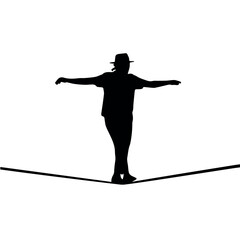 Silhouette of tightrope walker balancing act performer circus artist on rope for balance and skill challenge