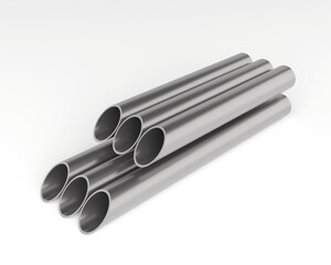 stack of steel pipes. Stainless steel round pipes arranged in stack isolated on white. Glossy metallic tubes, industrial construction material, plumbing element, engineering and minimal design. 3d 