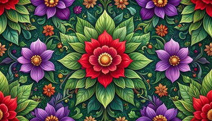Vibrant floral pattern with detailed flowers and leaves