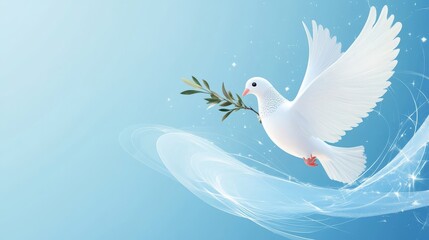Fototapeta premium Clean banner featuring stylized white dove carrying an olive branch, subtle nuclear symbol watermark crossed out, gradient blue background with headline space