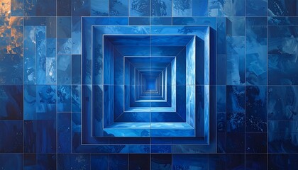 A mesmerizing blue artwork featuring a series of concentric squares creating an infinite tunnel-like effect with a textured finish