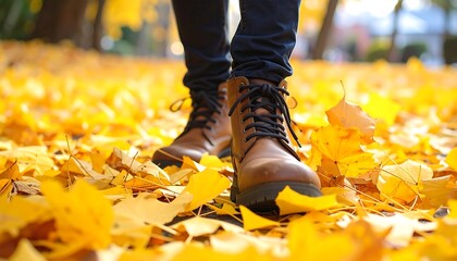 Autumn boots on a path covered in fallen leaves
