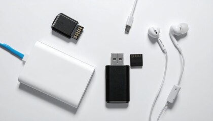 Fototapeta premium Overhead view of a modern arrangement showcasing various electronic accessories, including earbuds with a control, a white charging device, a USB adapter, and a memory card adapter, arranged on a...