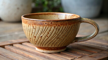 Handcrafted Ceramic Mug with Rustic Glaze A Cozy Aesthetic for Coffee or Tea Time Enjoyment and Natural Wood Table