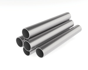 stack of steel pipes. 3D render stainless steel round pipes arranged in stack on white. Glossy metallic tubes, industrial construction material, plumbing element, engineering.