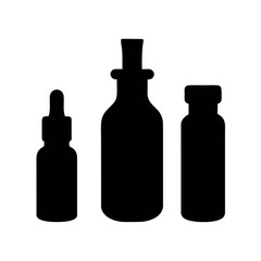 Three black silhouette glass bottles of various sizes and shapes on a white background