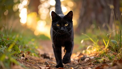 Black cat walking toward the camera on a forest path, backlit by golden sunlight