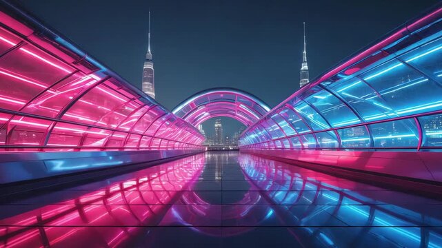 A futuristic illuminated bridge glows with bright pink and blue neon lights against a night cityscape, symbolizing technology, cyberpunk, architecture, and colorful spirit of modern science fiction.