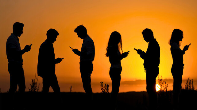 Silhouetted people using mobile phones against a vibrant sunset backdrop, illustrating modern connection and technology's role in communication and lifestyle