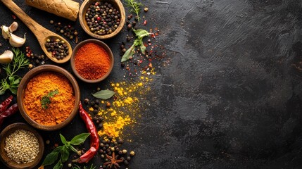 A colorful array of spices and herbs on a dark, textured surface.