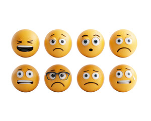 Obraz premium Eight yellow expressive faces with different emotions on black background expressions happy