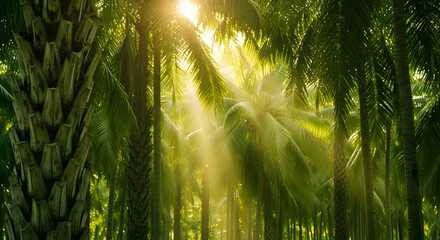 Green Palm Trees Sunny Tropical Forest with Sunlight