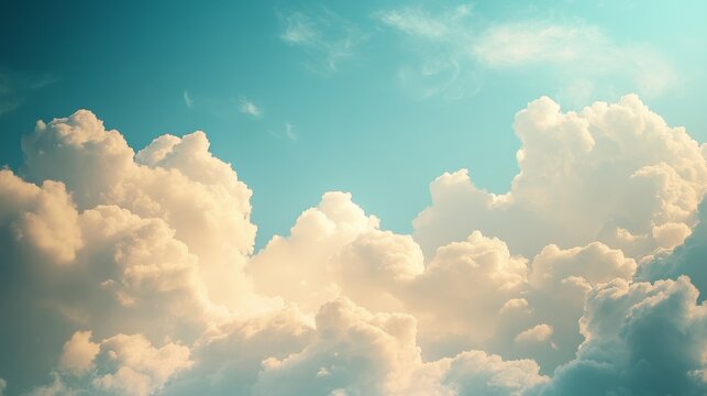 Subject standing at the bottom of an abstract fluffy cloud background in the sky, illuminated by afternoon light, Ample copy space at the top for text.