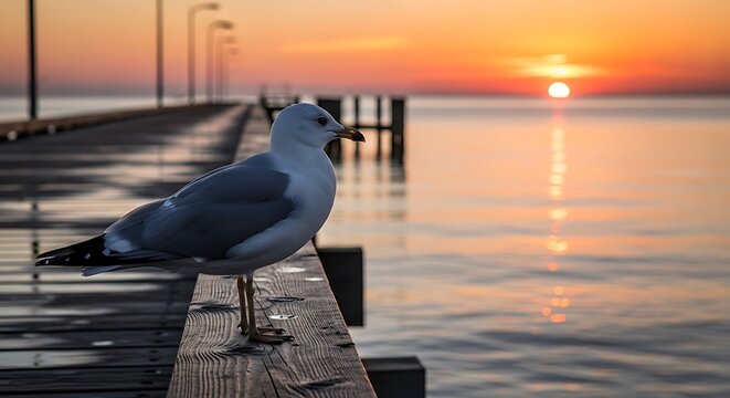 Seagull Perched on Pier at Sunset, Virginia Beach. - Powered by Adobe